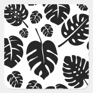 Monstera Löv Black and White Minimalist Mönster Fyrkantigt Klistermärke