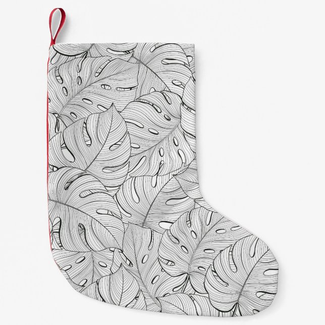 Monstera Löv Black White Mönster Liten Julstrumpa (Framsidan)