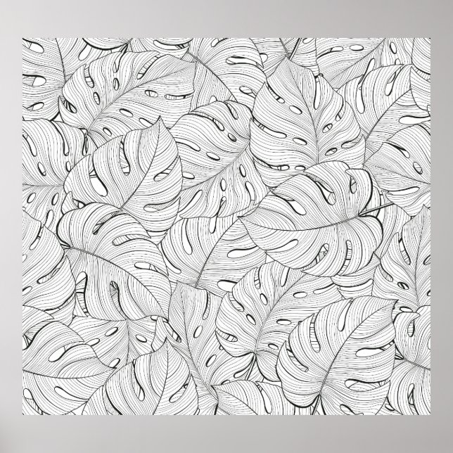 Monstera Löv Black White Mönster Poster (Framsidan)