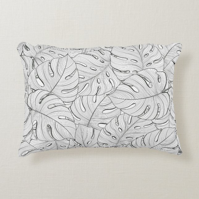 Monstera Löv Black White Mönster Prydnadskudde (Framsidan)