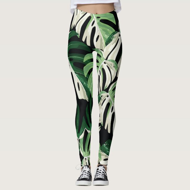 Monstera Löv Exotic Black Mönster Leggings (Framsida)