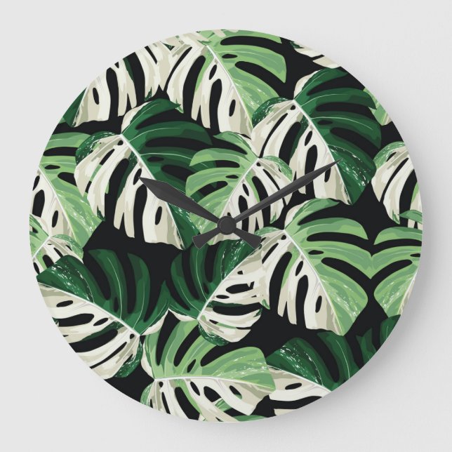 Monstera Löv Exotic Black Mönster Stor Klocka (Framsida)