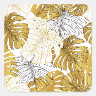 Monstera Löv: Golden White Fyrkantigt Klistermärke