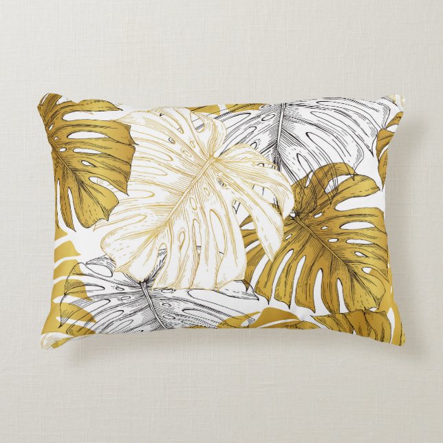 Monstera Löv: Golden White Prydnadskudde (Framsidan)