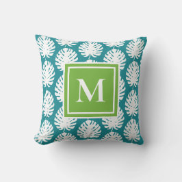 Monstera Löv Grönt Aqua White Monogram Coastal Kudde