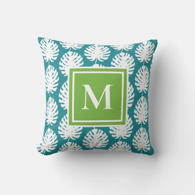 Monstera Löv Grönt Aqua White Monogram Coastal Kudde (Framsida)