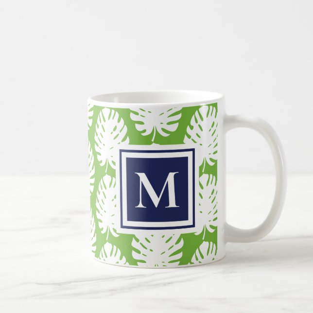 Monstera Löv Grönt Navy Modern Monogram Coastal Kaffemugg (Höger)