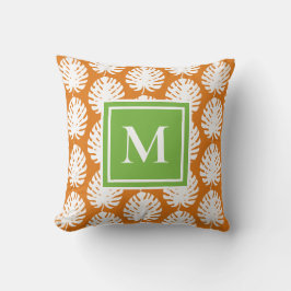 Monstera Löv Grönt Orange Vita Monogram Kusten Kudde