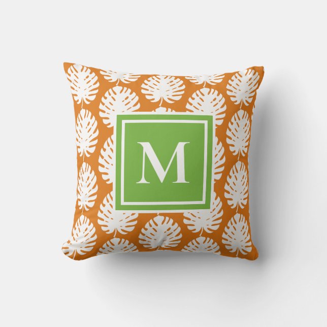 Monstera Löv Grönt Orange Vita Monogram Kusten  Kudde (Framsida)