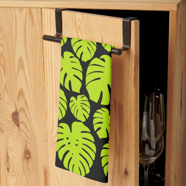 Monstera löv i Lime Green och Black Kökshandduk (Thirds Fold)