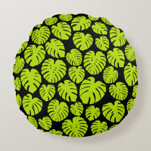 Monstera löv i Lime Green och Black Rund Kudde