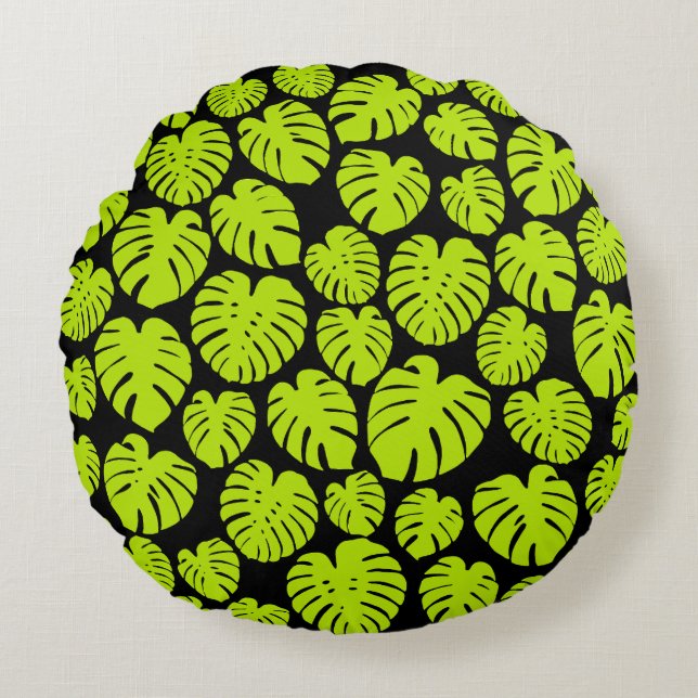 Monstera löv i Lime Green och Black Rund Kudde (Framsidan)