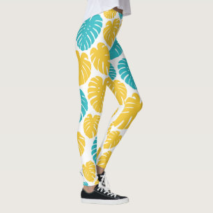 Monstera Löv i Turquise, Gult och White Leggings