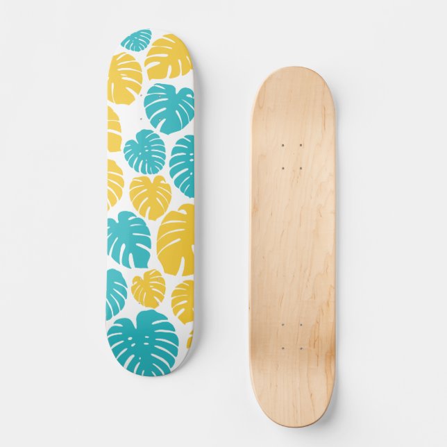Monstera Löv i Turquise, Gult och White Mini Skateboard Bräda 18,5 Cm (Framsida)