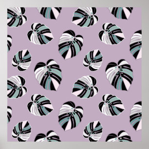 Monstera Löv Mönster - Lila Grönt Black White Poster