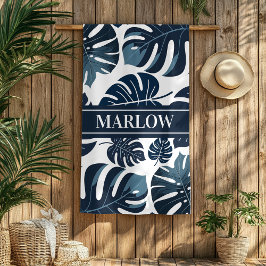 Monstera Löv Navy & White Tropical Beach Towel