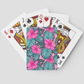 Monstera Löv och Hibiscus, Teal och Rosa Casinokort