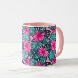 Monstera Löv och Hibiscus, Teal och Rosa Mugg