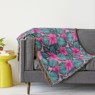 Monstera löv och Hibiscus Teal och Rosa på Rosa Filt