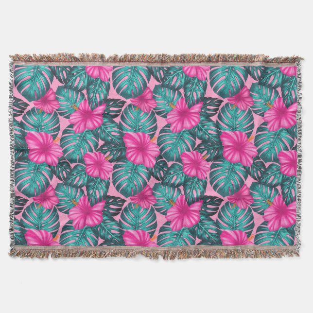 Monstera löv och Hibiscus Teal och Rosa på Rosa Filt (Framsidan)