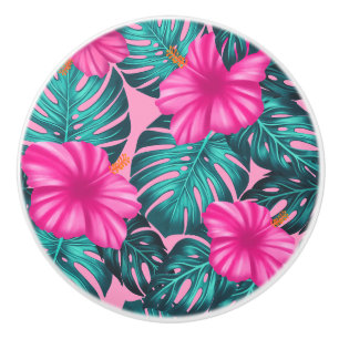 Monstera löv och Hibiscus Teal och Rosa på Rosa Knopp