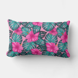 Monstera löv och Hibiscus Teal och Rosa på Rosa Lumbarkudde