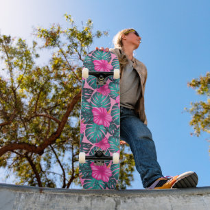 Monstera löv och Hibiscus Teal och Rosa på Rosa Mini Skateboard Bräda 18,5 Cm