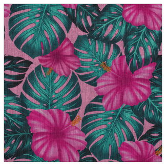 Monstera löv och Hibiscus Teal och Rosa på Rosa Tyg