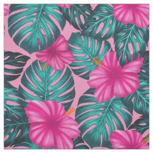 Monstera löv och Hibiscus Teal och Rosa på Rosa Tyg