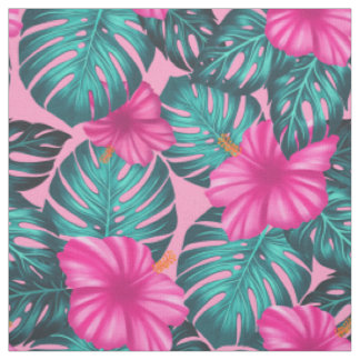 Monstera löv och Hibiscus Teal och Rosa på Rosa Tyg
