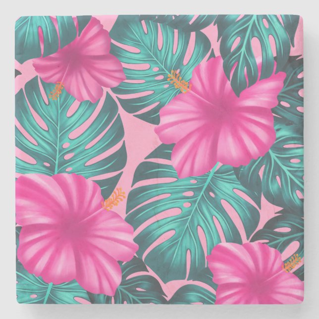Monstera Löv och Hibiscus, Teal och Rosa Stenunderlägg (Framsidan)
