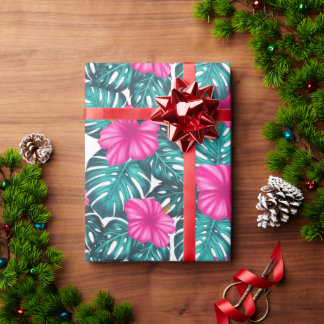 Monstera Löv och Hibiscus, Teal Rosa on White Presentpapper