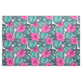 Monstera Löv och Hibiscus, Teal Rosa on White Tyg