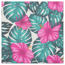 Monstera Löv och Hibiscus, Teal Rosa on White