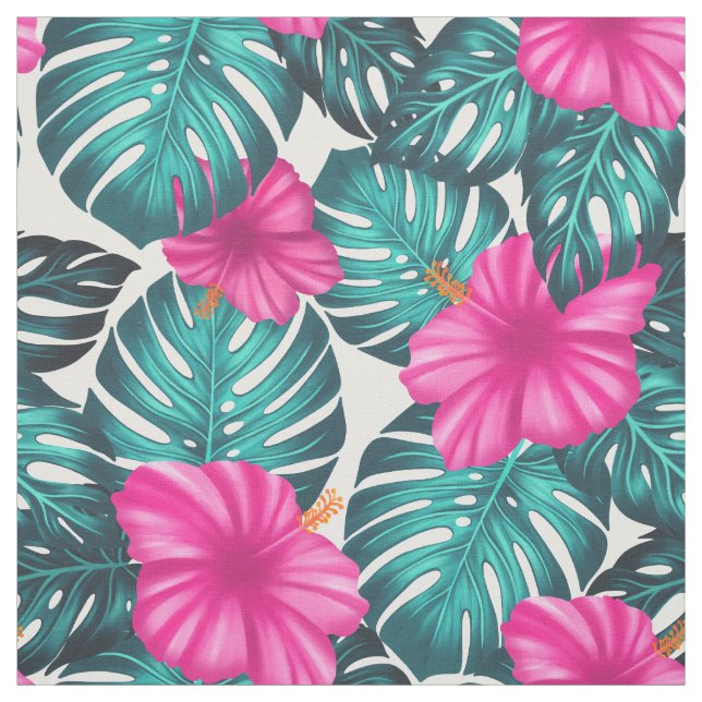 Monstera Löv och Hibiscus, Teal Rosa on White Tyg (Provkarta)