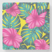 Monstera Löv och Hibiscus, Teal Rosa på Gult