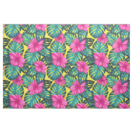 Monstera Löv och Hibiscus, Teal Rosa på Gult Tyg