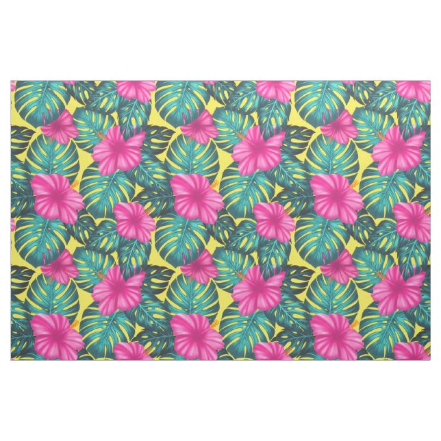 Monstera Löv och Hibiscus, Teal Rosa på Gult Tyg (Fat Quarter)