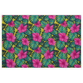 Monstera Löv och Hibiscus, Teal Rosa på Gult Tyg