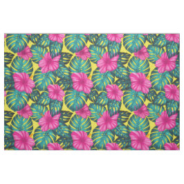 Monstera Löv och Hibiscus, Teal Rosa på Gult Tyg