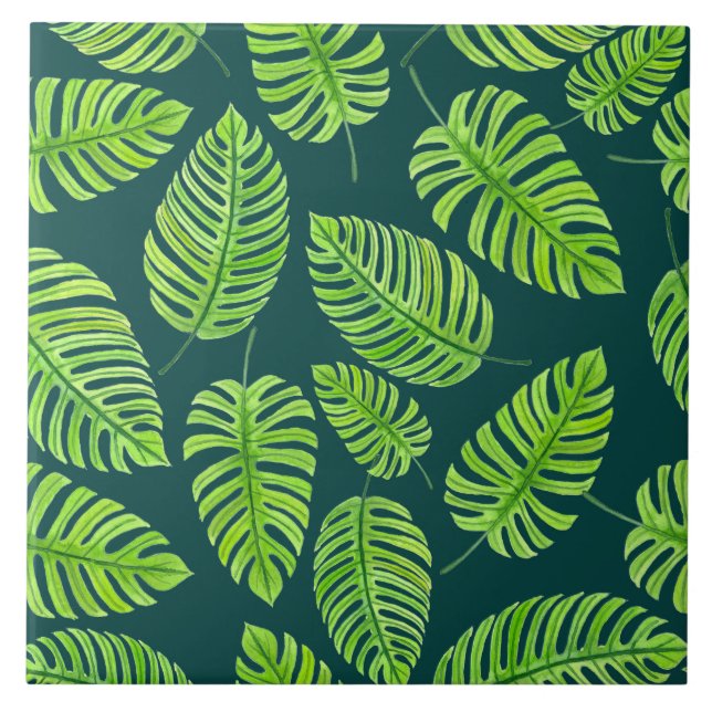 Monstera löv, tropiska vattenfärgen mönster kakelplatta (Framsidan)