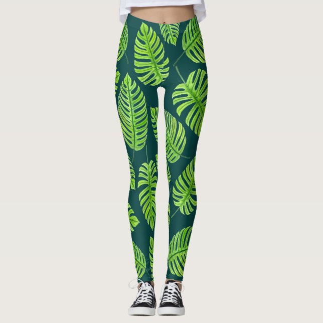 Monstera löv, tropiska vattenfärgen mönster leggings (Framsida)