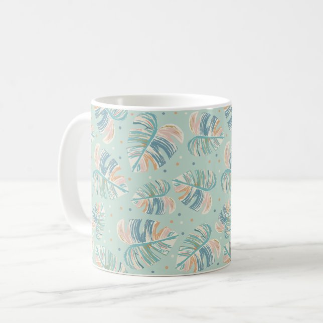 Monstera Löv - Turkos, Grönt, Coral, Mustard Kaffemugg (Framsida vänster)