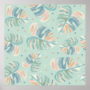 Monstera Löv - Turkos, Grönt, Coral, Mustard Poster