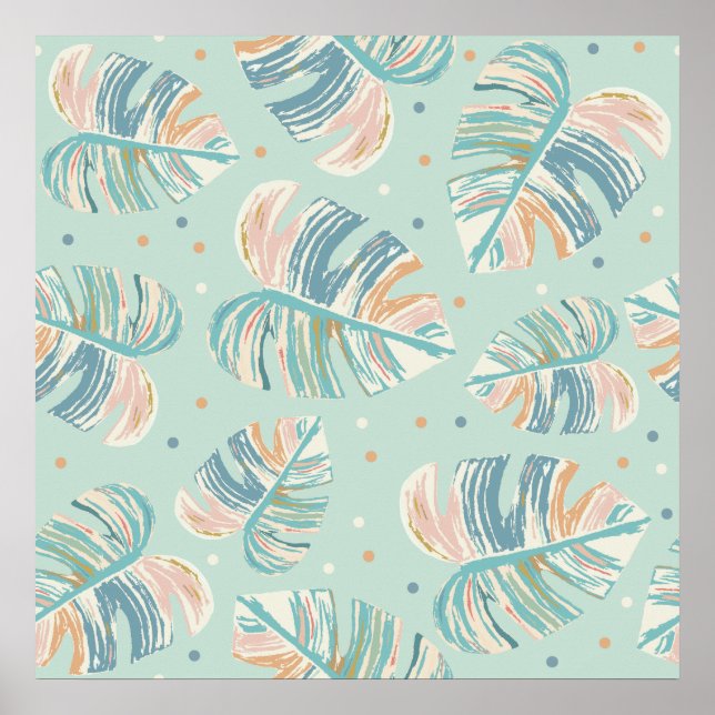 Monstera Löv - Turkos, Grönt, Coral, Mustard Poster (Framsidan)