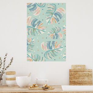 Monstera Löv - Turkos, Grönt, Coral, Mustard Poster
