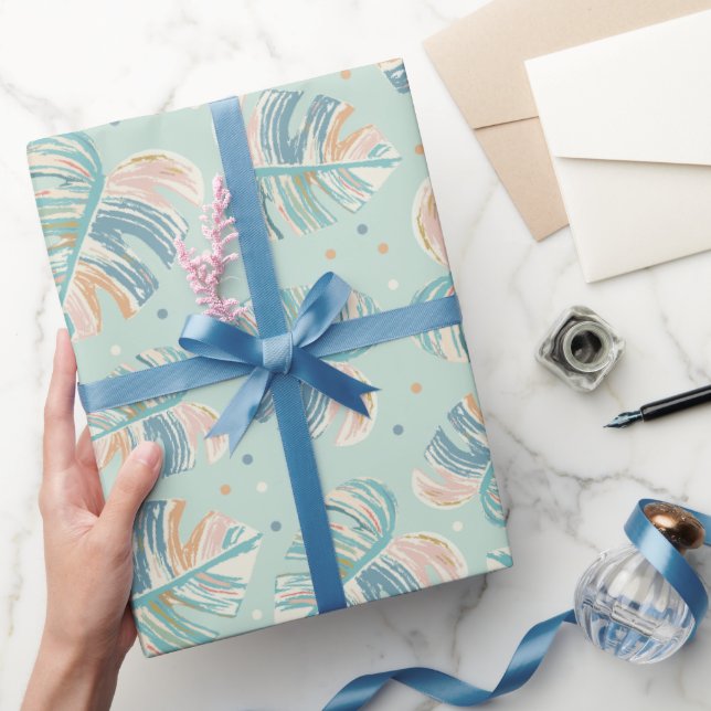 Monstera Löv - Turkos, Grönt, Coral, Mustard Presentpapper (Gifting)