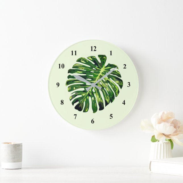 Monstera Löv Wall Clock Grönt - Din Färg Stor Klocka (Hem)