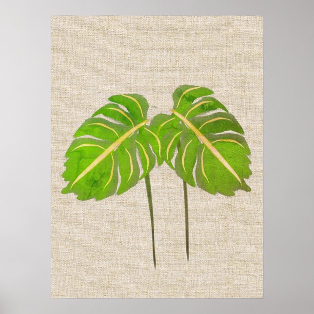 Monstera Löv Watercolor på Linen Poster (Framsidan)