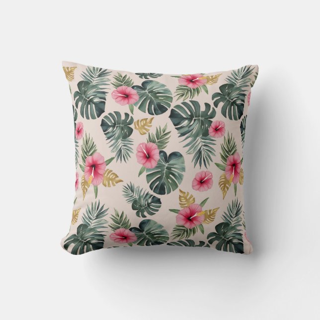Monstera och Hibiscus Mönster Kudde (Framsida)